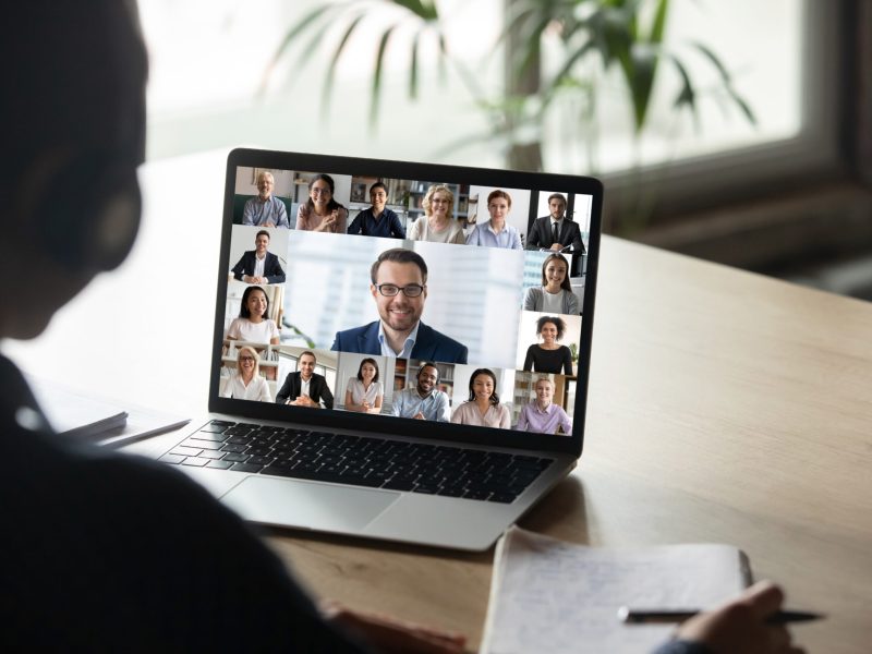 Back,View,Of,Female,Employee,Engaged,In,Team,Webcam,Conference